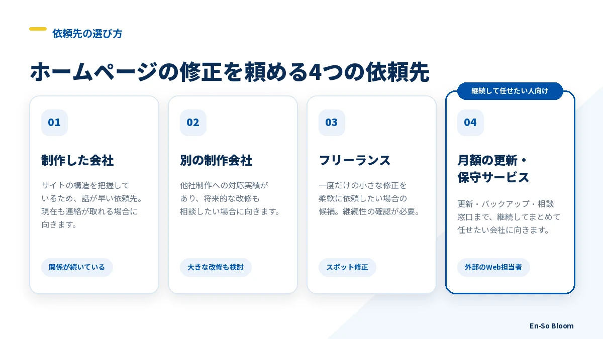 ホームページ修正を依頼できる4つの依頼先の比較