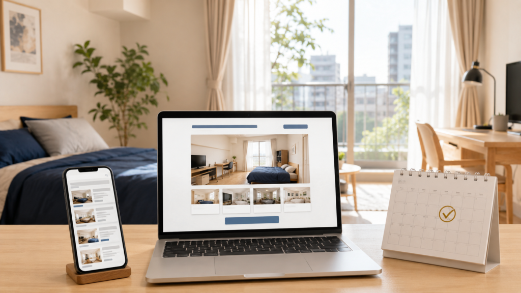 マンスリーマンションのGoogle検索・集客LP・予約までの流れを表すイメージ