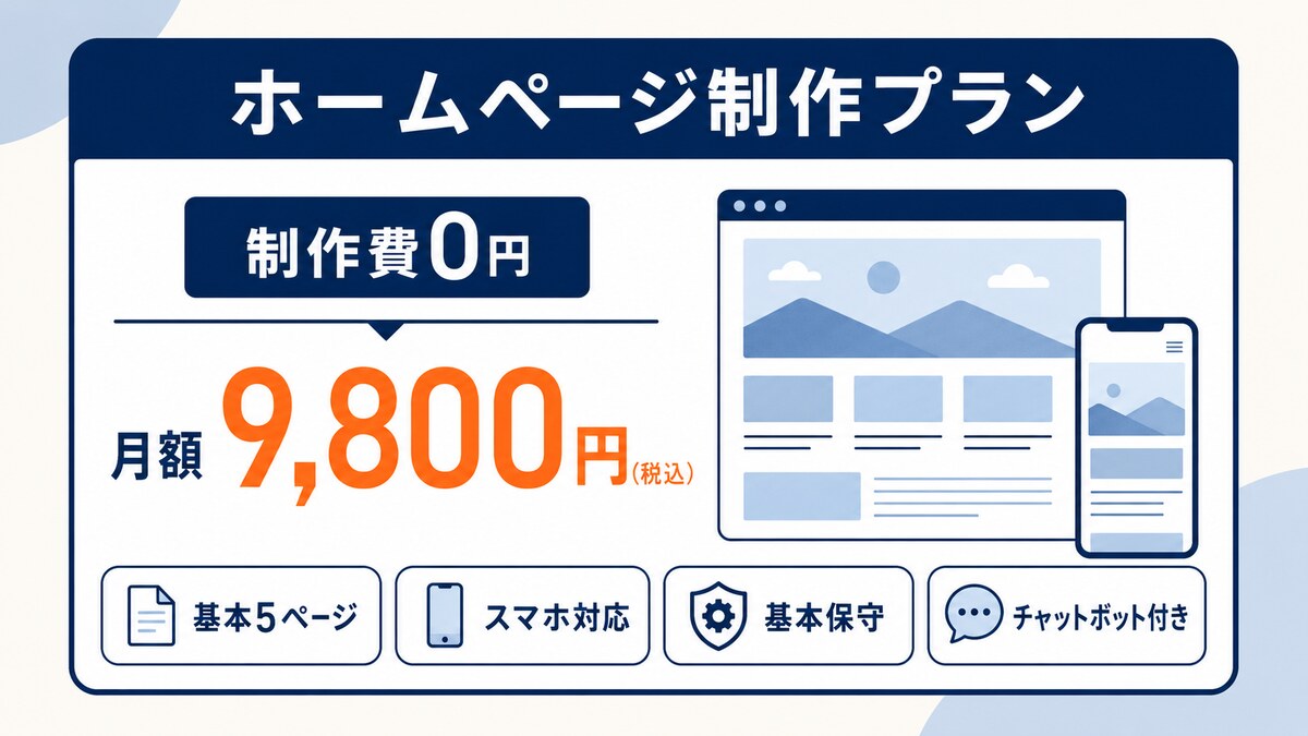 制作費0円・月額9,800円のホームページ制作プラン