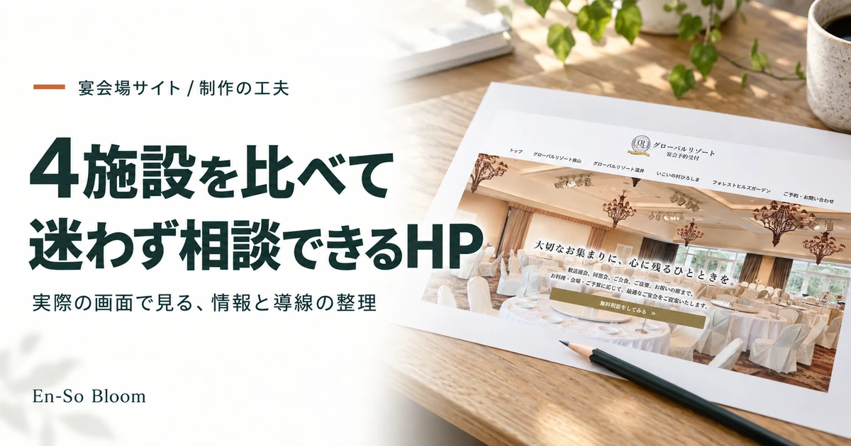 宴会場サイトの制作の工夫。4施設を比べて迷わず相談できるホームページ